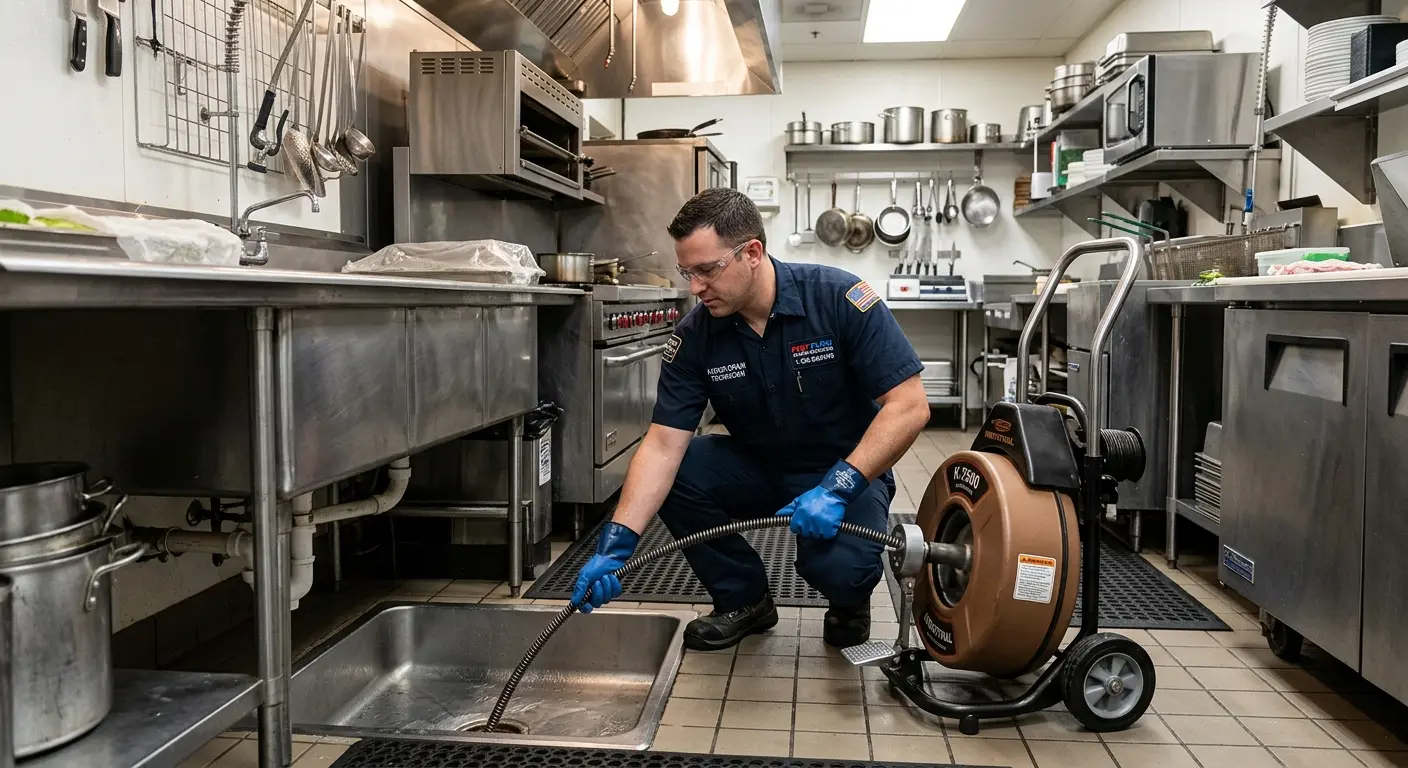 Commercial drain cleaning service in a restaurant kitchen in Lower