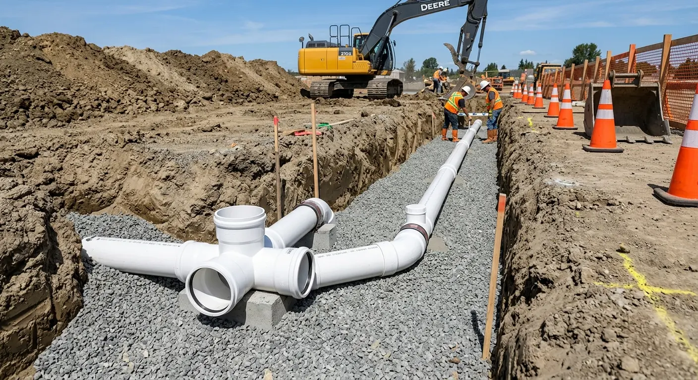 New PVC sewer pipe installation in open trench for Commercial Drain Cleaning in Lower