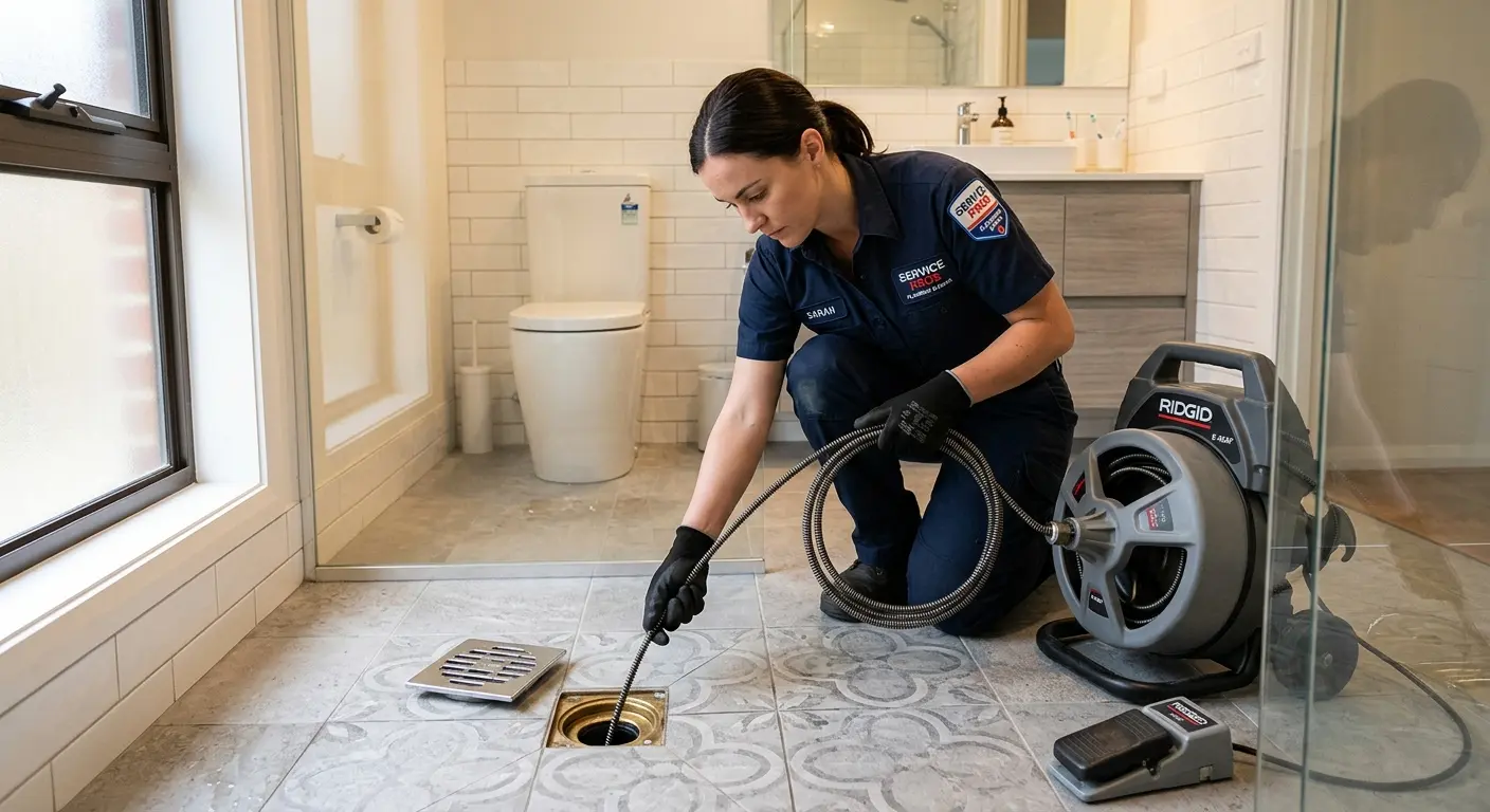 Technician clearing a bathroom floor drain for Clogged Drain Repair in Lower